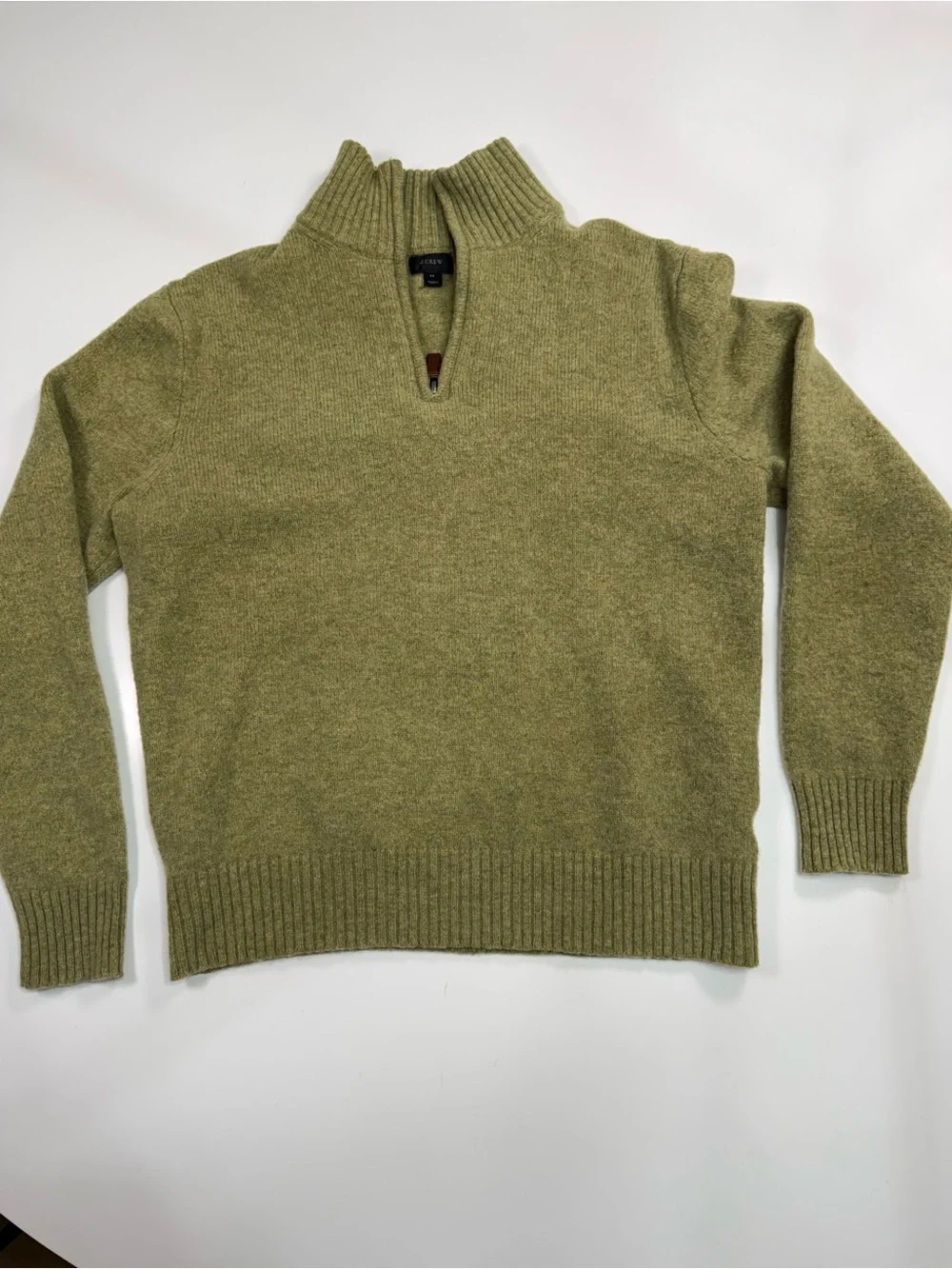 J. Crew 100% Lambs Wool Olive Half-Zip V-Neck Sweater